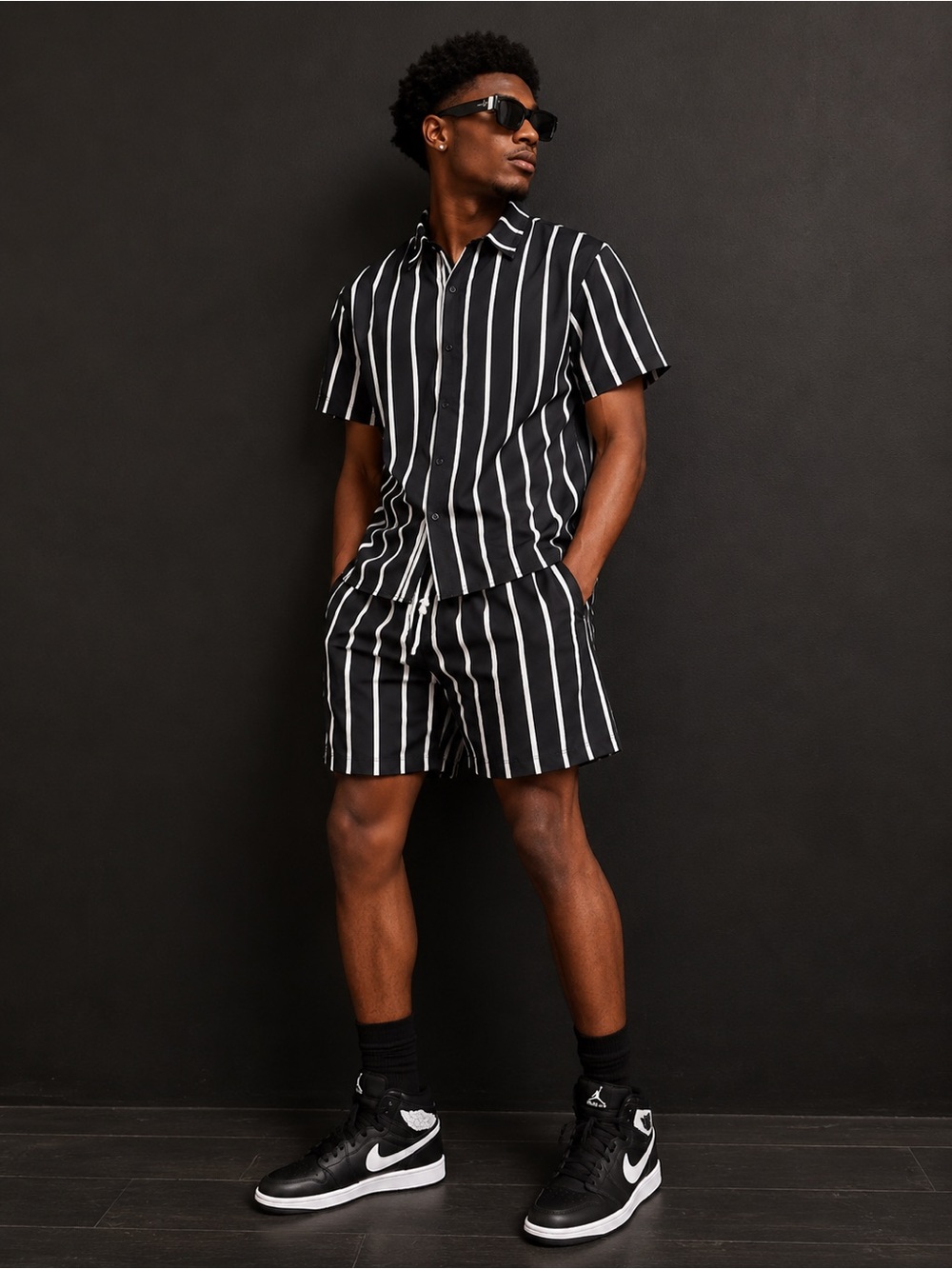 SHEIN Black Shorts with White Vertical Stripes